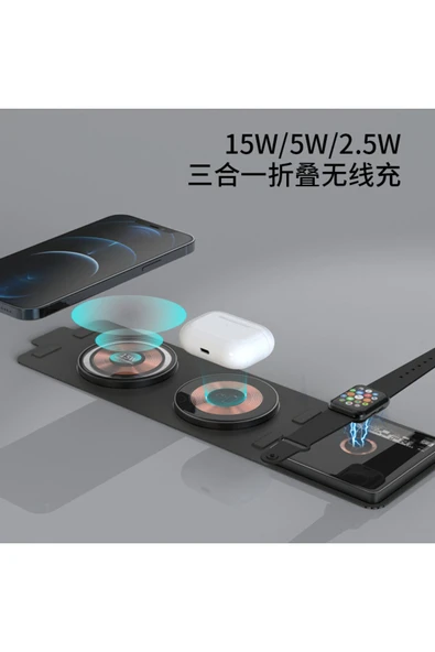 ASFAL Katlanabilir 15W 3 in 1 Apple Watch Uyumlu Hızlı Şarj Magsafe Masaüstü Kablosuz Şarj Standı - 2