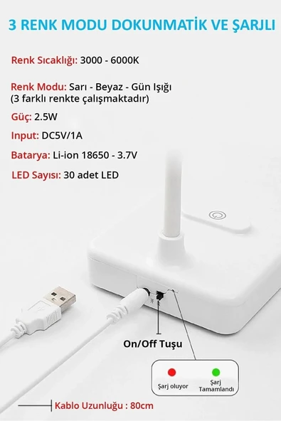 ASFAL Telefon Standlı 30 Ledli Dokunmatik, Şarjlı, Okuma Lambası Masa Lambası Gece Lambası 3 Renk Işıklı - 4