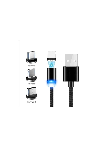 ASFAL 3 In1 Micro Usb/type-c/lightning Ledli Mıknatıslı Manyetik Şarj Kablosu Kırmızı - Resim 5