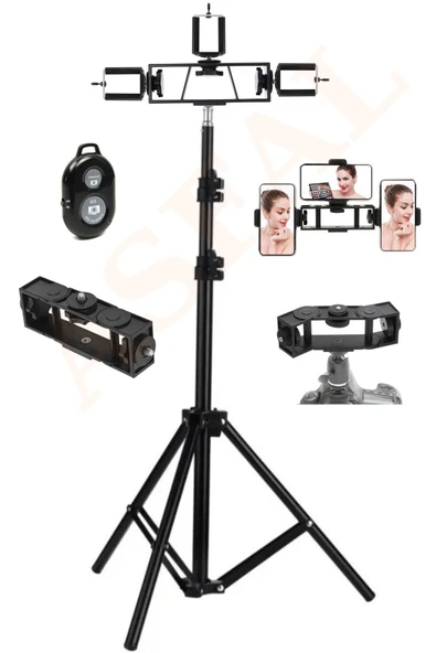 ASFAL Bluetooth Kumandalı 210 Cm Tripod 3 Adet Multi Telefon Tutuculu Selfie Çubuğu Telefon, Kamera, Lamba