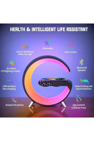 ASFAL Renkli Rgb Akıllı Led Gece Ve Masa Lambası Hoparlör, Kablosuz Şarj, Çalar Saat, Dekoratif Lamba - 3