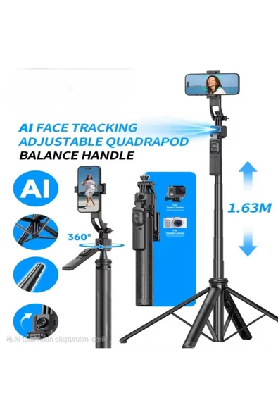 ASFAL Yüz Takibi Yapan Selfie Çubuğu Taşınabilir, 360° Dönen Uzaktan Kumandalı 153 Cm, Gopro Uyumlu Tripod - 3