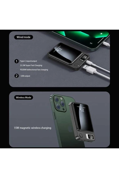 ASFAL Hızlı Şarj Destekli Dijital, Kablosuz Şarjlı 10000 mAh, 22.5W Manyetik Powerbank Magsafe Şarj Cihazı - Resim 2