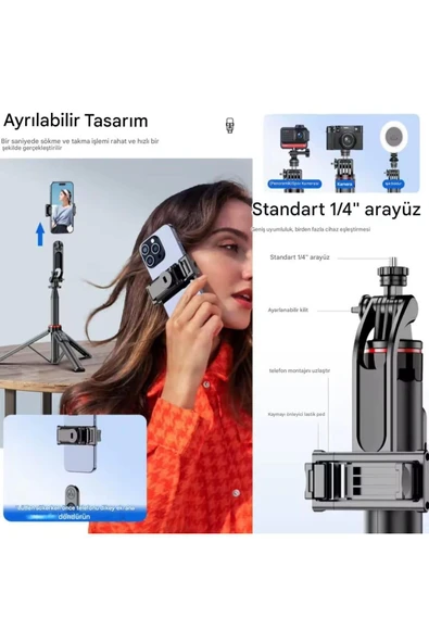 ASFAL Uzaktan Kumandalı 131 cm Taşınabilir Tripod, Kamera ve Telefon Uyumlu Katlanabilir Selfie Çubuğu - Resim 4