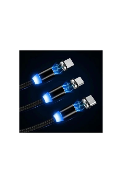 ASFAL 3 In1 Micro Usb/type-c/lightning Ledli Mıknatıslı Manyetik Şarj Kablosu Kırmızı - Resim 3