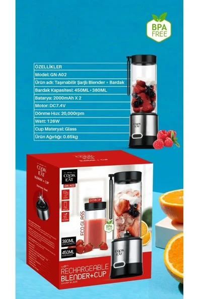 ASFAL Çelik Bıçaklı Şarjlı 450 ml + 350 ml Bardaklı El Blender Shake Smoothie Buz Kırıcı Blender - 4