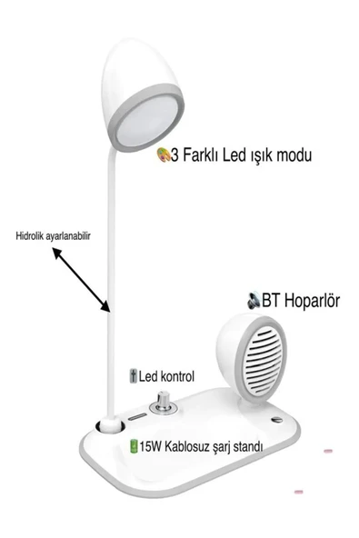 ASFAL 3in1 Premium Taşınabilir 15W Kablosuz Şarj Standı Bluetooth Hoparlör ve 3 Renkli Masa Lambası - Resim 2