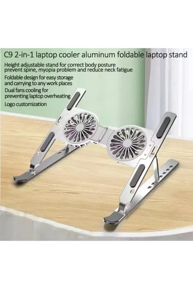 ASFAL Soğutuculu Metal Laptop Standı 7 Kademeli, Işıklı, Ayarlanabilir, Taşıma Çantalı, Fanlı Tablet Stand - 2