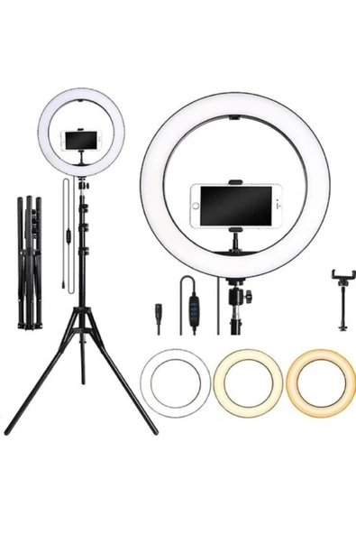 ASFAL 14 Inç Ring Light Youtuber Led Işıklı Telefon Tutuculu 210 Cm Tripod Kuaför Makyaj Işığı