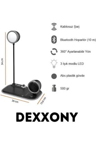 ASFAL 3in1 Premium Taşınabilir 15W Kablosuz Şarj Standı Bluetooth Hoparlör ve 3 Renkli Masa Lambası