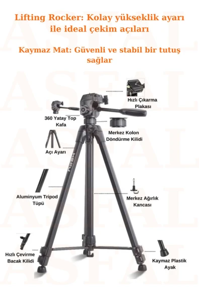 ASFAL Tam Profesyonel 173cm Kamera Cep Telefonu Projeksiyona Uygun Taşıma Çantalı Tripod - 2