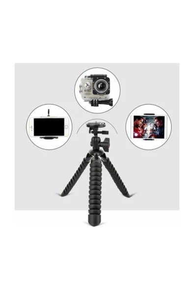 ASFAL Akrobat Silikon Ayaklı Kaymaz Su Terazili Telefon Dslr Kamera 3 Ayaklı Ahtapot Tripod Siyah - Resim 4