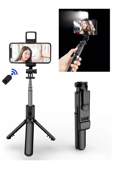 ASFAL Led Işıklı Bluetooth Kumandalı Selfie Çubuğu Katlanabilir Taşınabilir 100 cm Tripod