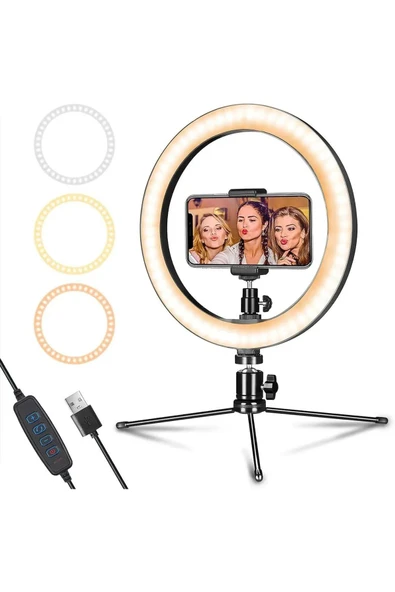 ASFAL Masaüstü Mini Tripod 10' Ring Light Led Işık Halka Işık Youtuber, Selfie Işığı Masa Lambası 3 Renkli
