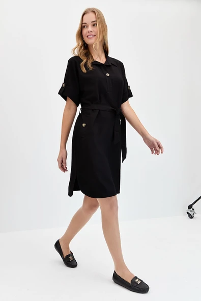 Desen Minimalist Kemer Detaylı Kısa Kol Midi Günlük Elbise - Resim 6