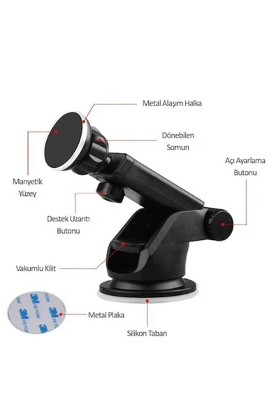 ASFAL Araç Içi Vantuzlu Manyetik Mıknatıslı Telefon Tutucu Tutacağı Uzayabilen Car Holder - 5