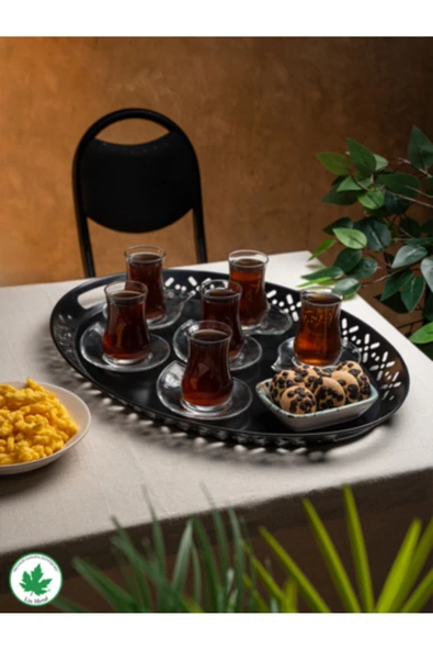 Lalin Tepsi Metal Oval Servis Tepsisi, Romantik Tepsi, Büyük Tepsi,çay Kahve Tepsisi - 7