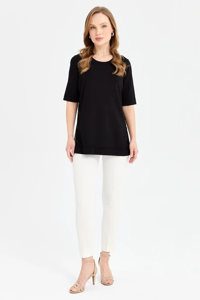 Desen Oversize Kısa Kol Yuvarlak Yaka Kadın Bluz - Günlük Şıklık - 8