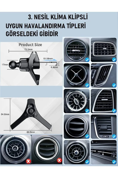 ASFAL Otomatik Klipsli Araç Telefon Tutacağı 360° Dönebilen Araç Klima Uyumlu Telefon Tutucu - Resim 3