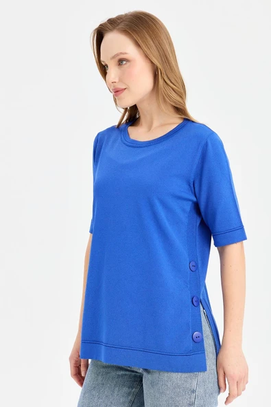 Desen Oversize Kısa Kol Yuvarlak Yaka Kadın Bluz - Günlük Şıklık - 6