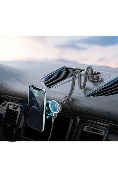 ASFAL Kablosuz Şarj Özellikli Magsafe Uyumlu Uzun Kollu Araç İçi Telefon Tutucu Mıknatıslı Telefon Tutacak - Resim 2
