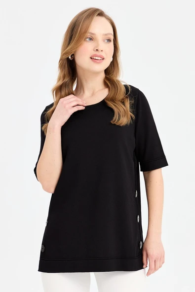 Desen Oversize Kısa Kol Yuvarlak Yaka Kadın Bluz - Günlük Şıklık - 9