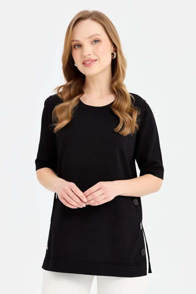 Desen Oversize Kısa Kol Yuvarlak Yaka Kadın Bluz - Günlük Şıklık - 7