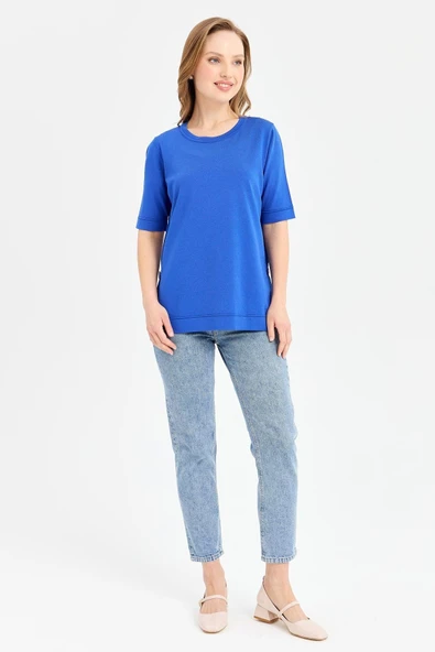 Desen Oversize Kısa Kol Yuvarlak Yaka Kadın Bluz - Günlük Şıklık - 4