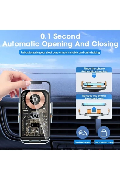 ASFAL Sensörlü 15W Kablosuz Şarj Özellikli Kaliteli Transparan Araç içi Telefon Tutucu Havalandırma Uyumlu