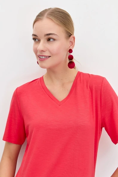 Desen Minimalist V Yaka Kısa Kol Kadın T-Shirt - Günlük & Şık - 8