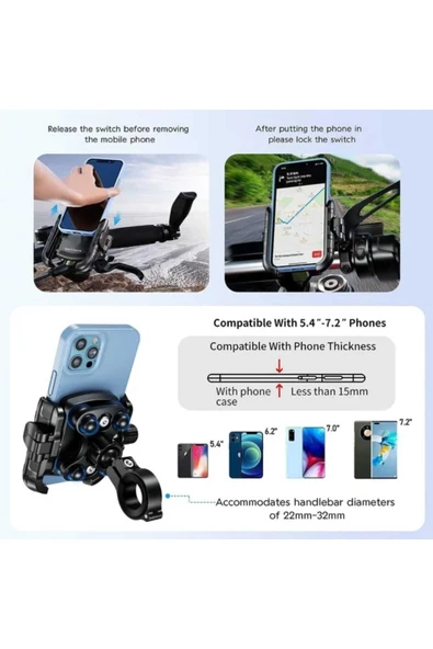 ASFAL 7.2' Uyumlu Titreşim Modüllü Güçlü Anti-Şok 360° Dönen Bisiklet Scooter ve Motosiklet Telefon Tutucu - 5