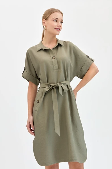 Desen Minimalist Kemer Detaylı Kısa Kol Midi Günlük Elbise - Resim 2