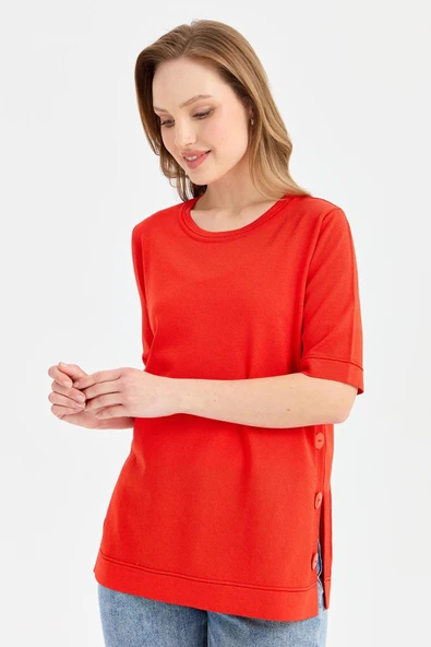 Desen Oversize Kısa Kol Yuvarlak Yaka Kadın Bluz - Günlük Şıklık