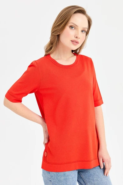 Desen Oversize Kısa Kol Yuvarlak Yaka Kadın Bluz - Günlük Şıklık - 3