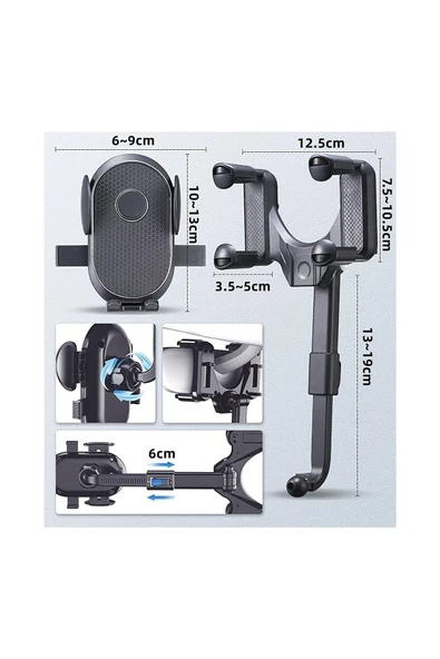 ASFAL Araç Içi Dikiz Aynası Telefon Tutucu  uyumlu 360° Dönebilen Yatay Ve Dikey Kullanıma Uygundur - 2