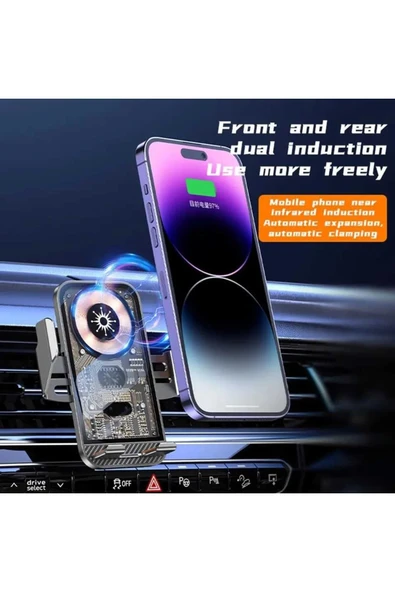 ASFAL Sensörlü 15W Kablosuz Şarj Özellikli Kaliteli Transparan Araç içi Telefon Tutucu Havalandırma Uyumlu - 5