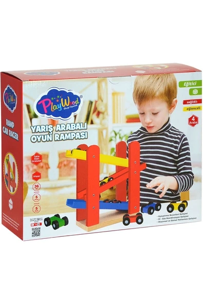 Playwood  ONY-382   Ahşap Yarış Arabalı Oyun Rampası-Onyıl - Renkli Renk