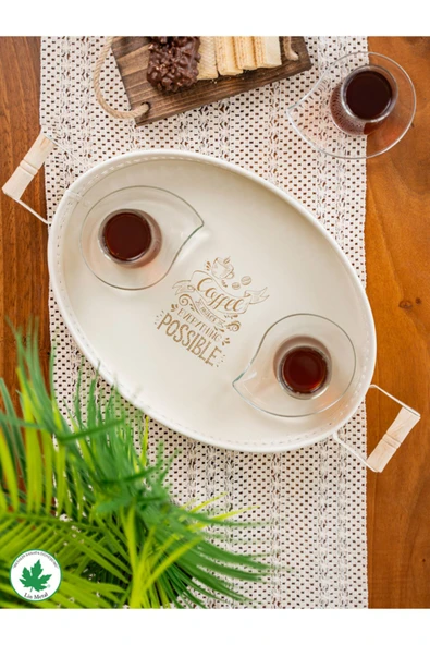 Tulipa Ahşap Kulplu Oval Tepsi DANTELLİ (Possible Baskılı) - Resim 6