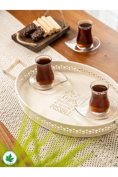 Tulipa Ahşap Kulplu Oval Tepsi DANTELLİ (Possible Baskılı) - Resim 5