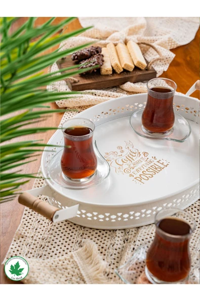 Tulipa Ahşap Kulplu Oval Tepsi DANTELLİ (Possible Baskılı) - Resim 3