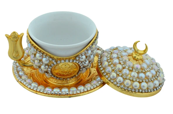 Taşlı Incili Osmanlı Tuğralı Altın Renk Kahve Fincanı - 2