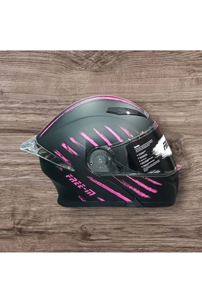 Free-M ÇENE AÇILIR SİYAH-PEMBE MOTOSİKLET KASKI - 3