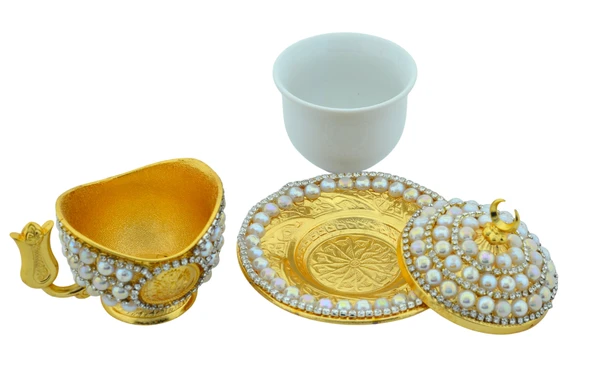 Taşlı Incili Osmanlı Tuğralı Altın Renk Kahve Fincanı - 3