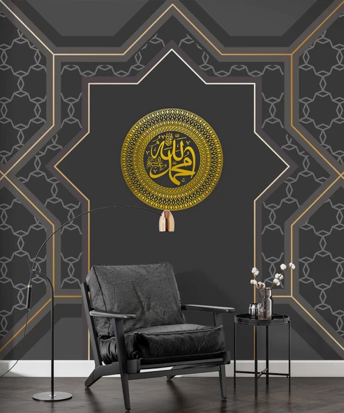 Siyah İslami Motifli Mescid Duvar Kağıdı - Resim 3