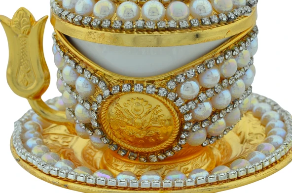 Taşlı Incili Osmanlı Tuğralı Altın Renk Kahve Fincanı - 4