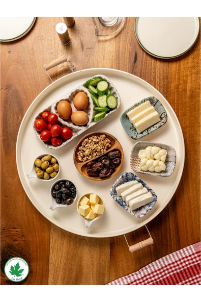 51cm Ahşap Kulplu Krem Metal Tepsi Yuvarlak Çay Tepsisi Sunum Tepsisi Tahta Kulplu Büyük Tepsi - 2