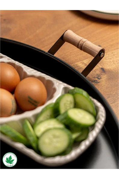 51cm Ahşap Kulplu Krem Metal Tepsi Yuvarlak Çay Tepsisi Sunum Tepsisi Tahta Kulplu Büyük Tepsi - 9