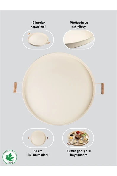 51cm Ahşap Kulplu Krem Metal Tepsi Yuvarlak Çay Tepsisi Sunum Tepsisi Tahta Kulplu Büyük Tepsi - 6