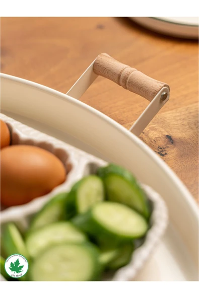 51cm Ahşap Kulplu Krem Metal Tepsi Yuvarlak Çay Tepsisi Sunum Tepsisi Tahta Kulplu Büyük Tepsi - 3