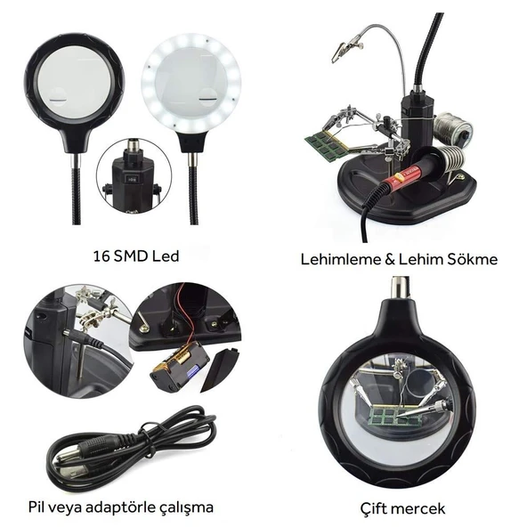 WellHise ACN-129 Masaüstü Büyüteç li Ledli Havya Sehpası Havya Standı - 2